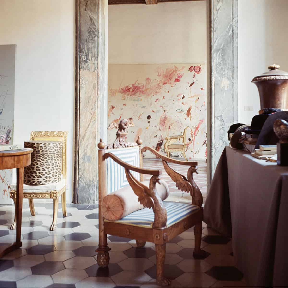 Neo-Egyptian antiques and large canvases in the Roman home of American artist, Cy Twombly.